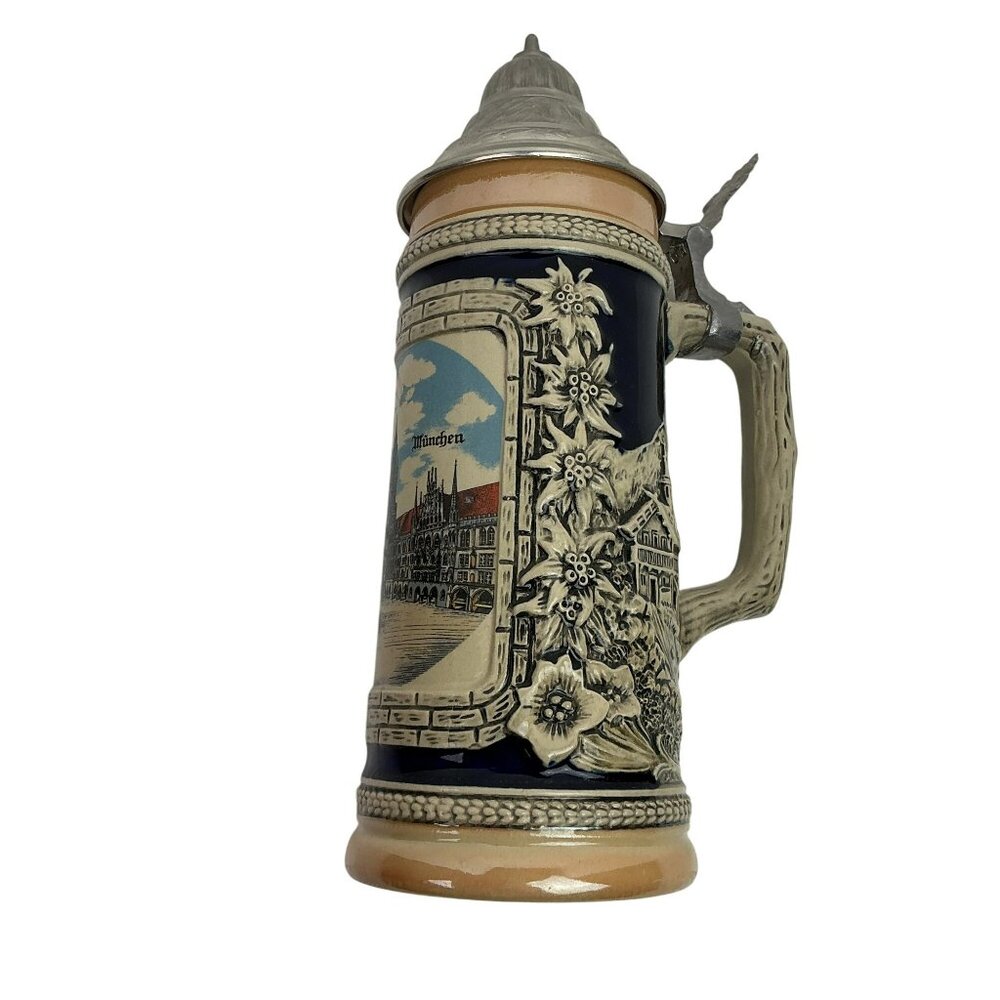 Vintage German Beer Stein With Lid & Munich Scene Bavarian TK 0.5L Collectible
